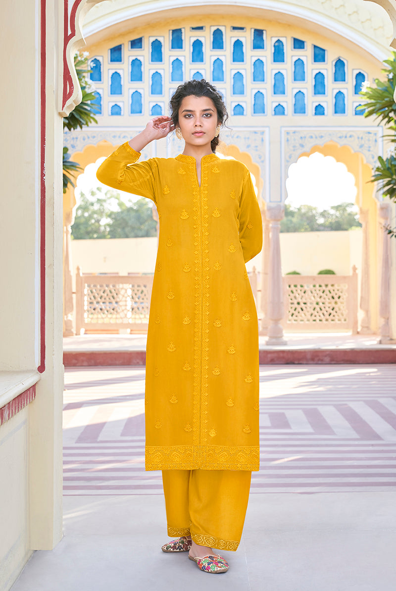 Monjolika Fashion Mustard Embroidered Muslin Pant Style Suit - Distacart