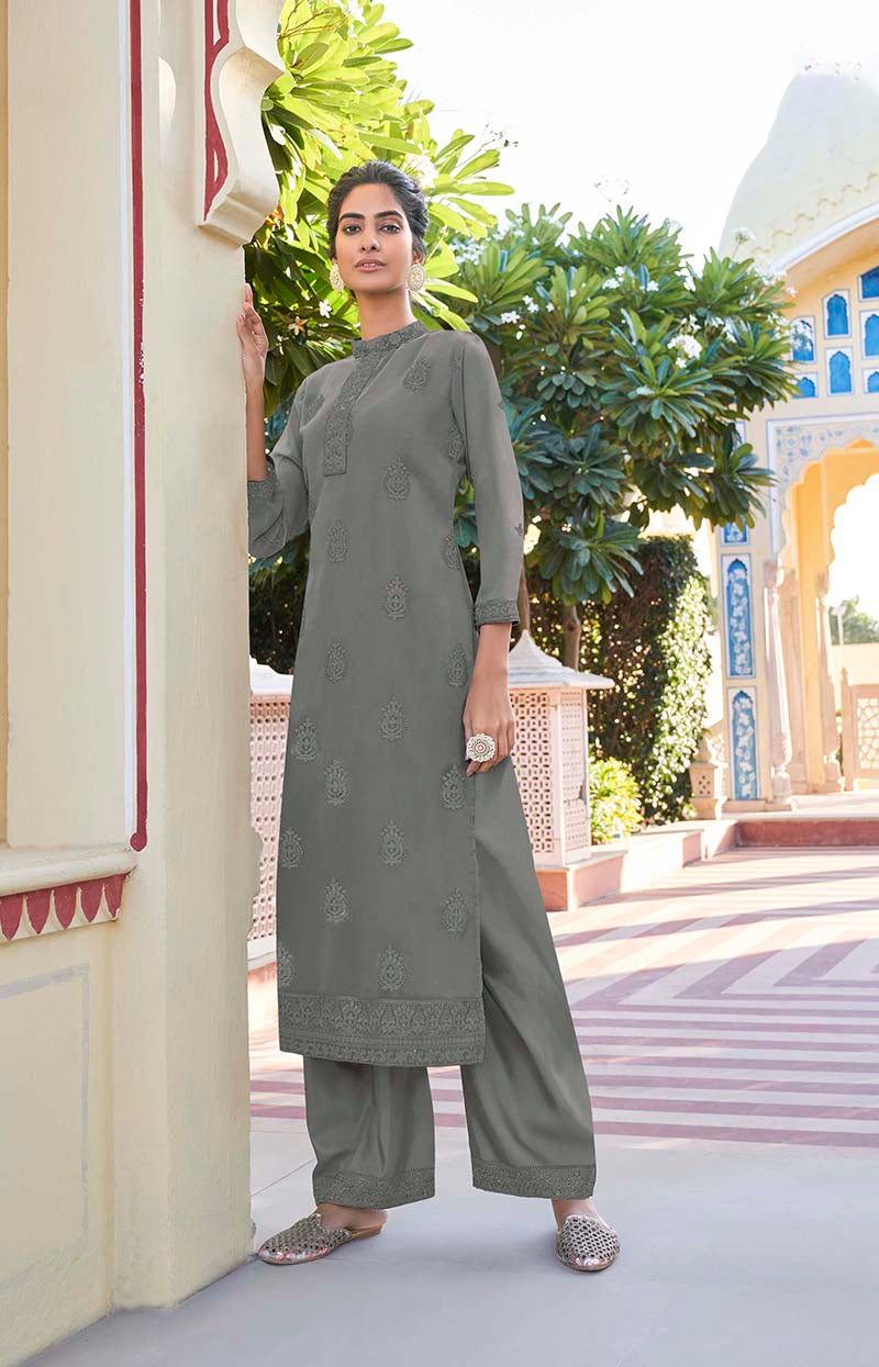 Monjolika Fashion Grey Embroidered Muslin Pant Style Suit - Distacart