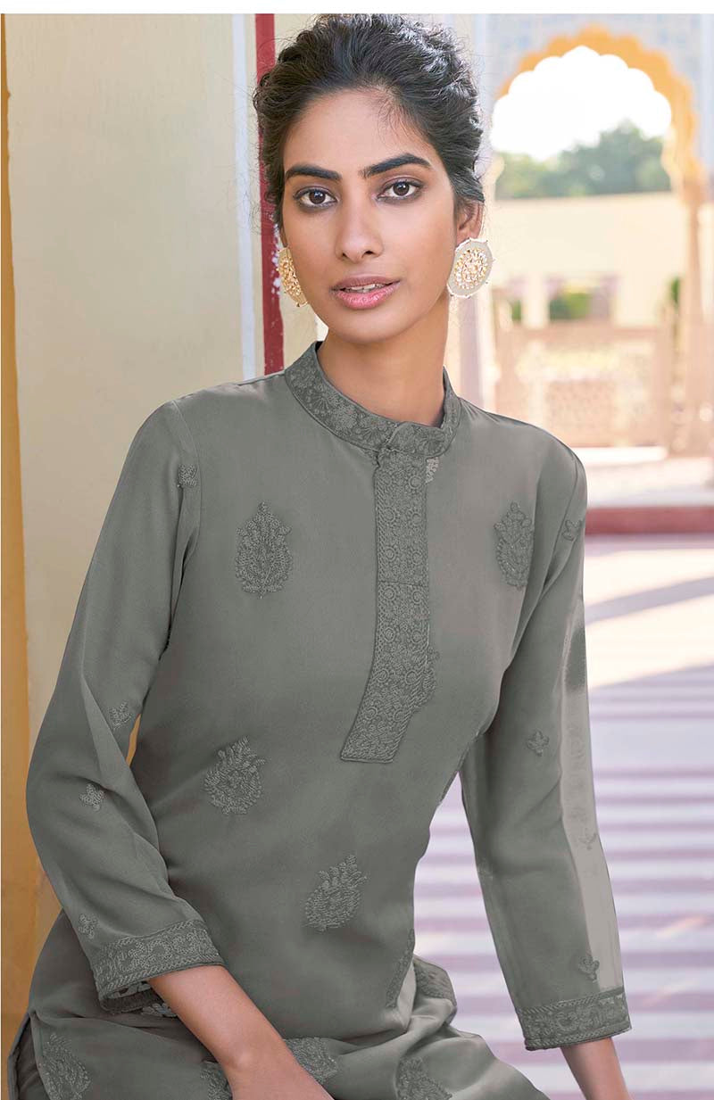 Monjolika Fashion Grey Embroidered Muslin Pant Style Suit - Distacart