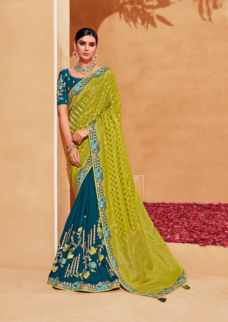 Monjolika Fashion Light Green And Teal Color Heavy Silk Embroidered Half Nd Half Saree - Distacart