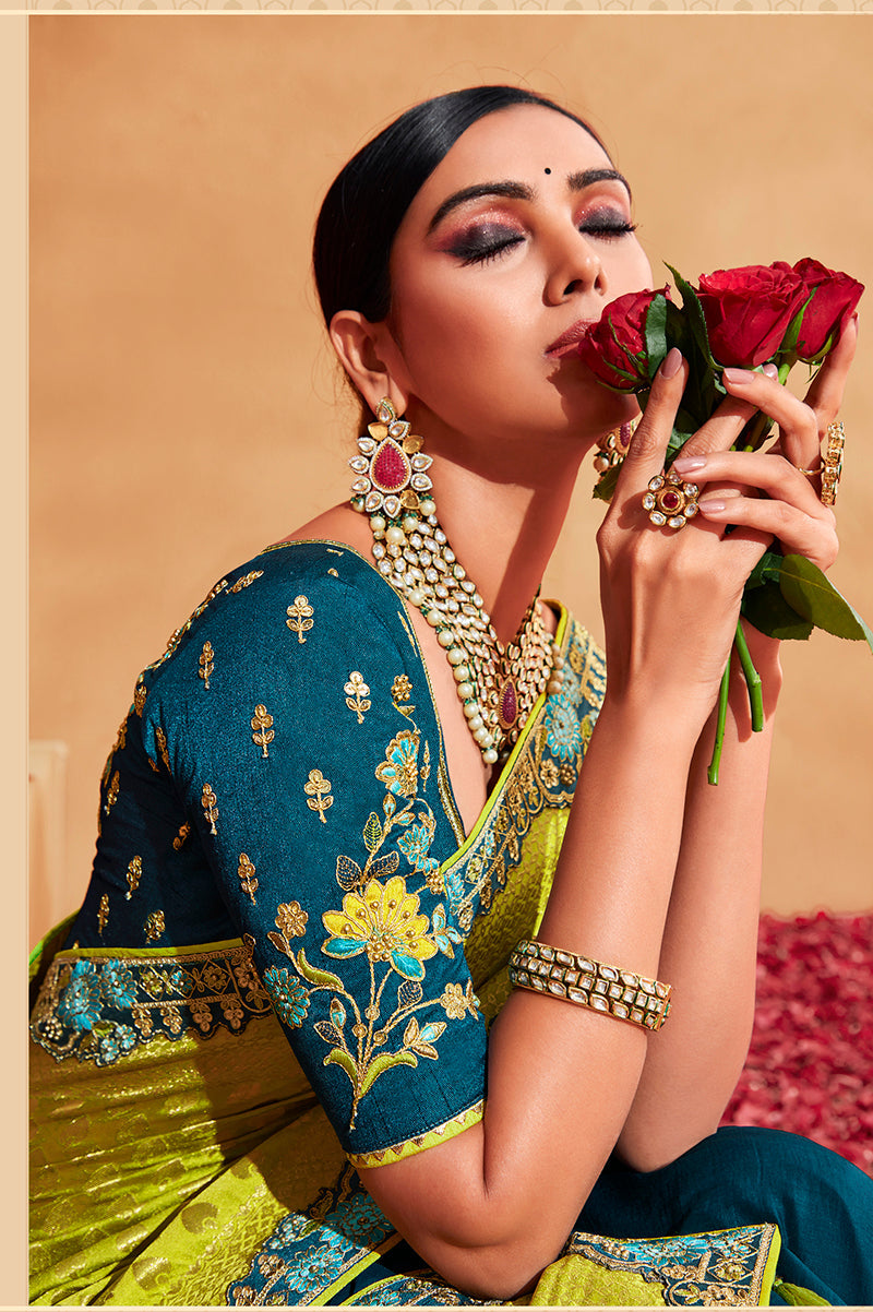 Monjolika Fashion Light Green And Teal Color Heavy Silk Embroidered Half Nd Half Saree - Distacart
