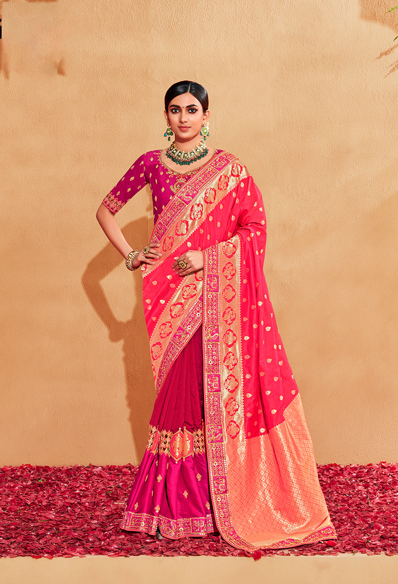 Monjolika Fashion Pink Color Heavy Silk Embroidered Half Nd Half Saree