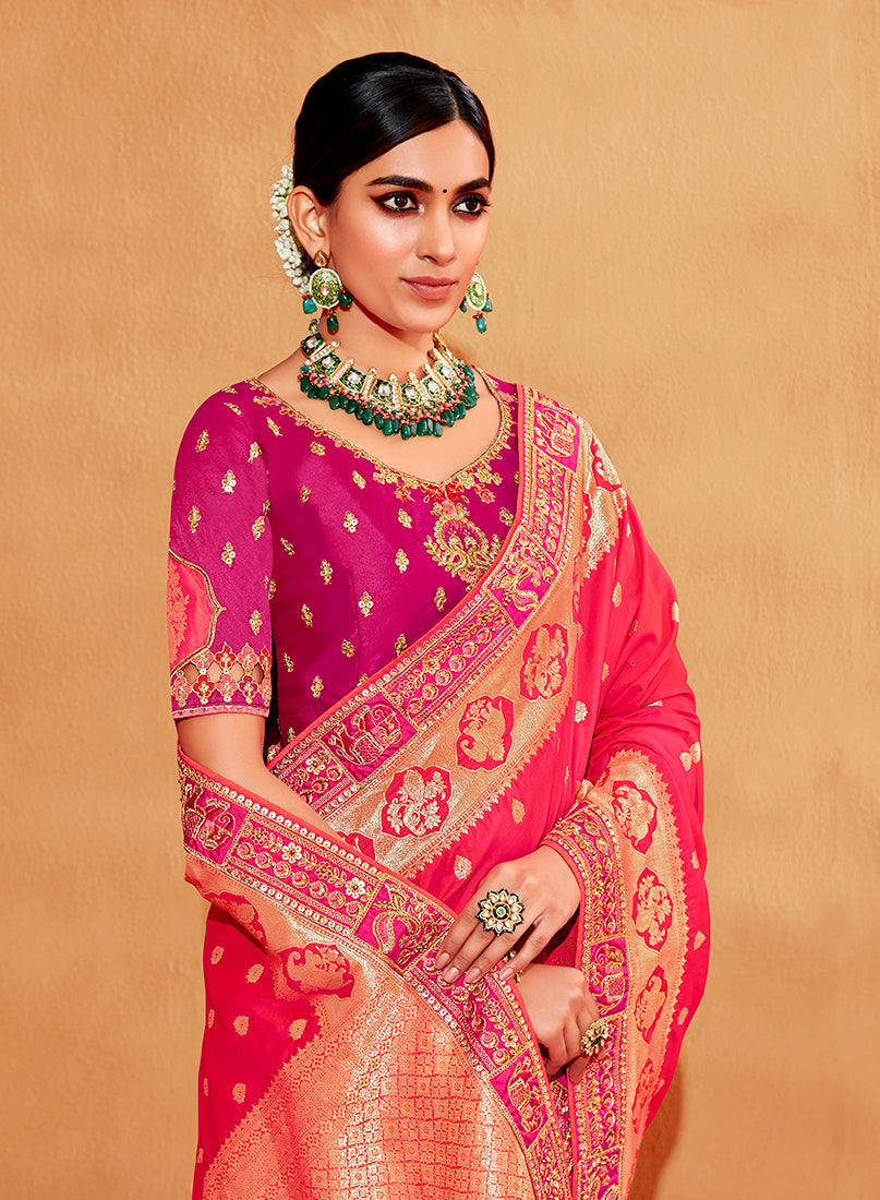 Monjolika Fashion Pink Color Heavy Silk Embroidered Half Nd Half Saree