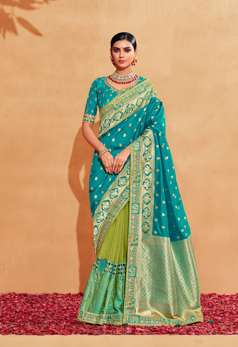 Monjolika Fashion Turquoise Color Heavy Silk Embroidered Half Nd Half Saree