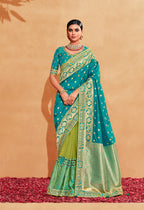 Monjolika Fashion Turquoise Color Heavy Silk Embroidered Half Nd Half Saree