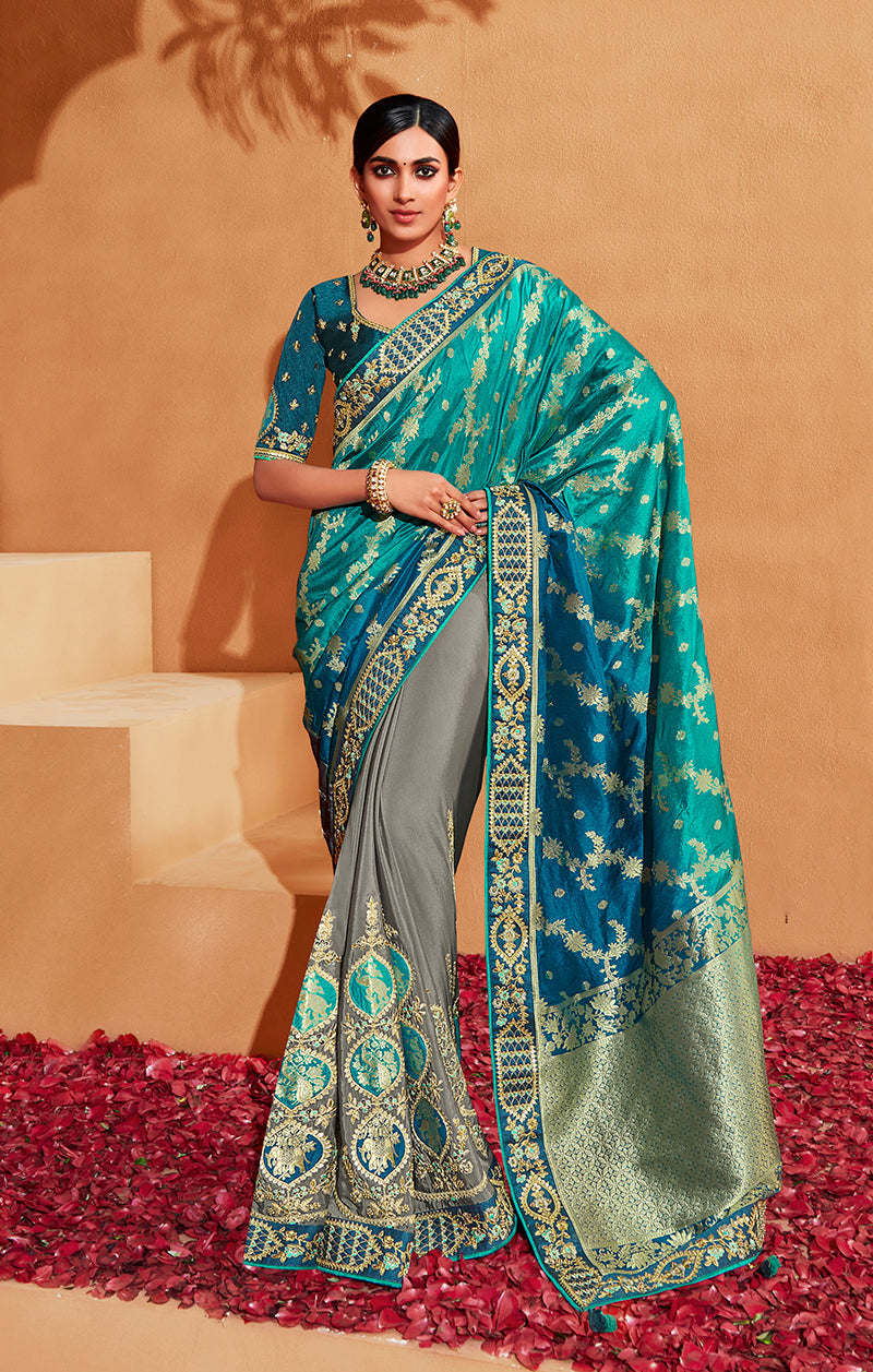 Monjolika Fashion Multi Color Heavy Silk Embroidered Half Nd Half Saree