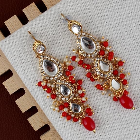 Tehzeeb Creations Gold-Polished White Red Color Tika Earring Necklace Combo Kundan Jewellery Set