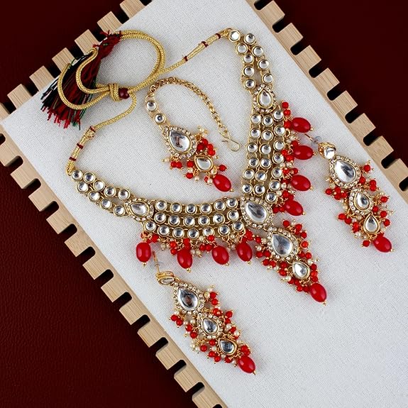 Tehzeeb Creations Gold-Polished White Red Color Tika Earring Necklace Combo Kundan Jewellery Set
