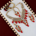 Tehzeeb Creations Gold-Polished White Red Color Tika Earring Necklace Combo Kundan Jewellery Set
