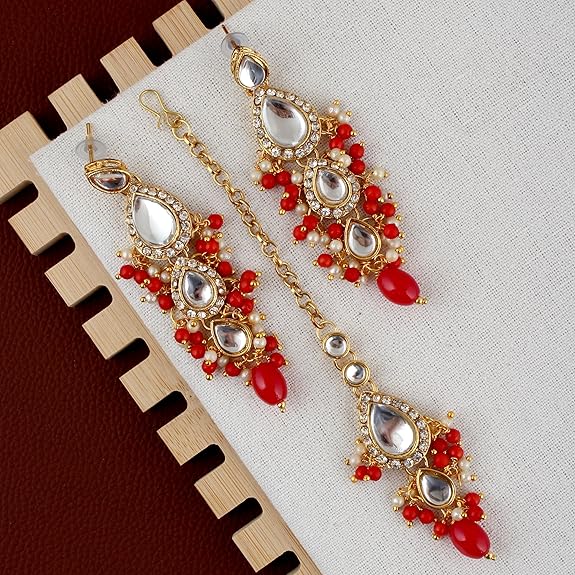Tehzeeb Creations Gold-Polished White Red Color Tika Earring Necklace Combo Kundan Jewellery Set