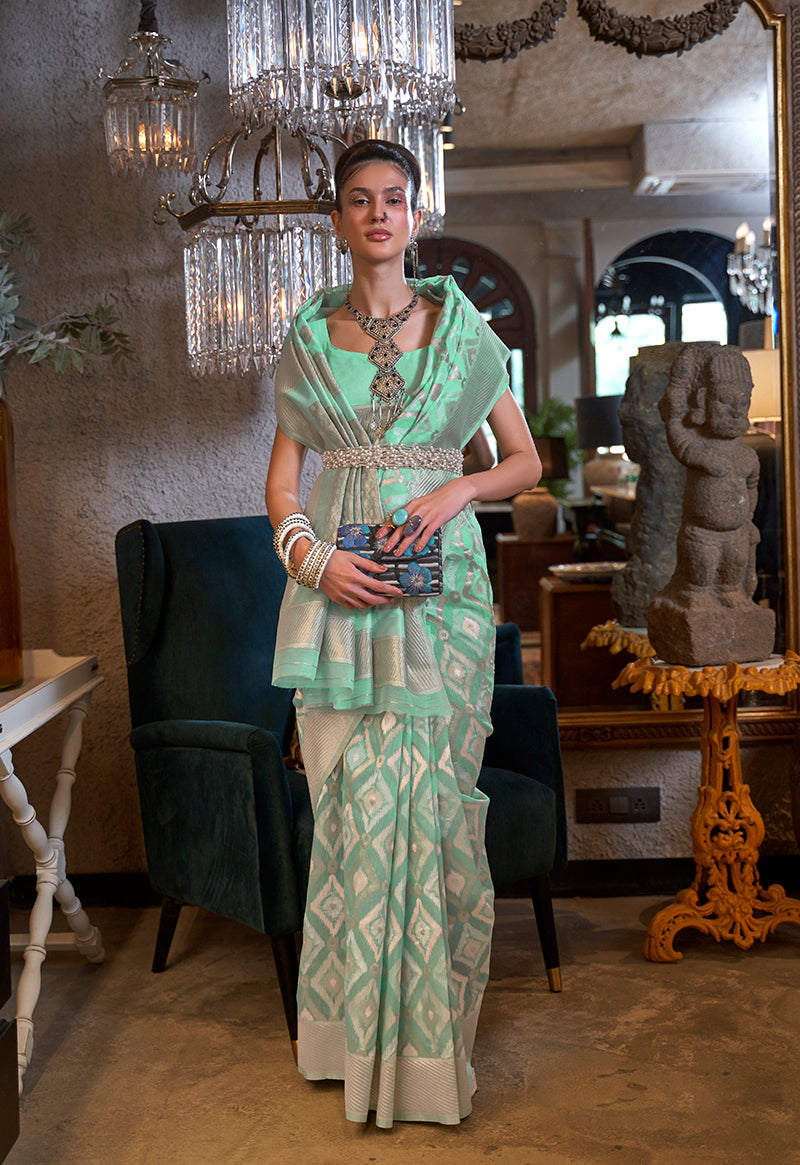 Monjolika Fashion Light Blue Color Linen Trendy Saree With Blouse - Distacart