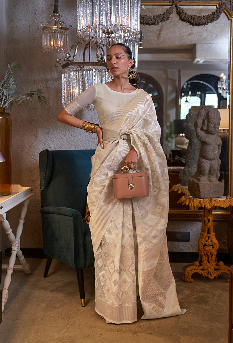 Monjolika Fashion Off White Color Linen Trendy Saree With Blouse - Distacart