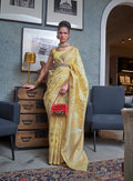 Monjolika Fashion Light Yellow Color Linen Trendy Saree With Blouse
