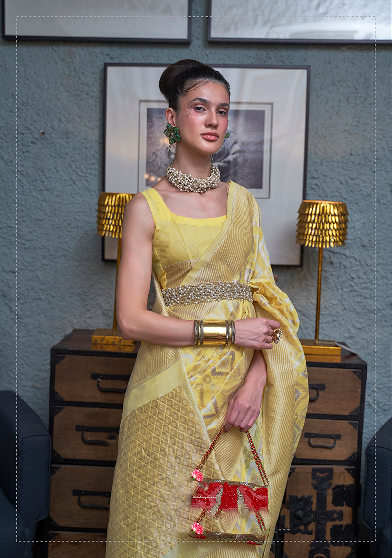 Monjolika Fashion Light Yellow Color Linen Trendy Saree With Blouse