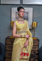 Monjolika Fashion Light Yellow Color Linen Trendy Saree With Blouse