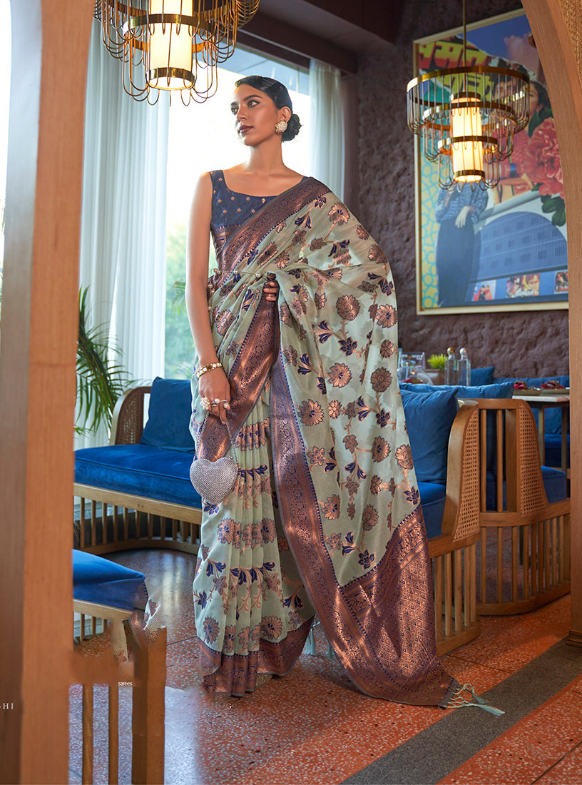 Monjolika Fashion Light Blue Color Organza Weaving Print Saree