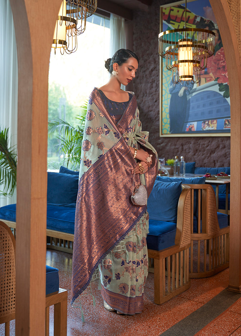 Monjolika Fashion Light Blue Color Organza Weaving Print Saree