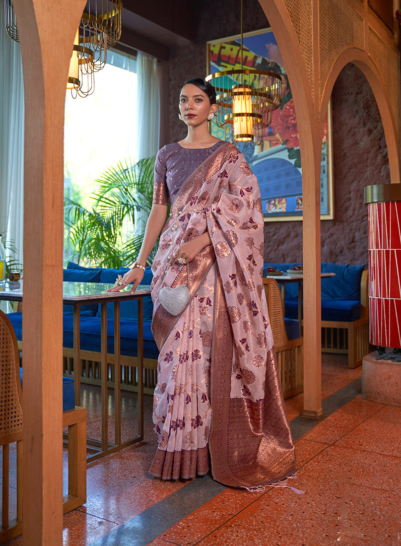 Monjolika Fashion Light Pink Color Organza Weaving Print Saree