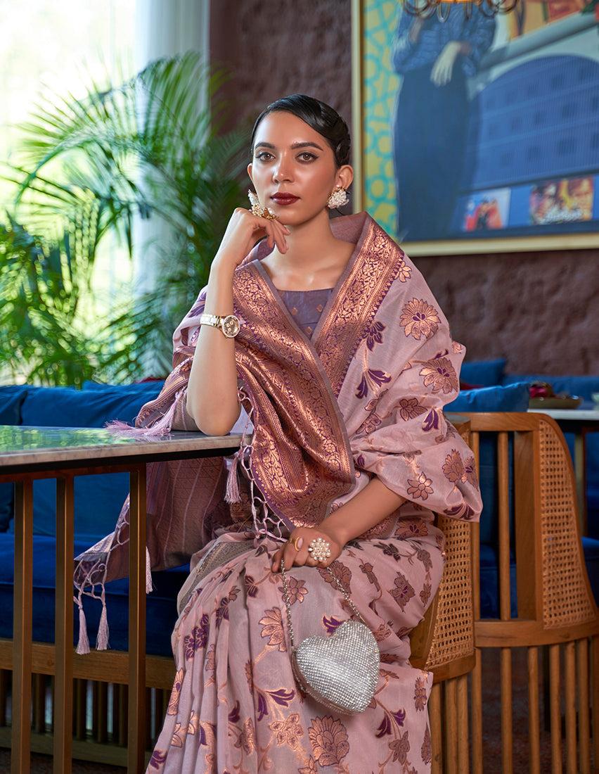 Monjolika Fashion Light Pink Color Organza Weaving Print Saree