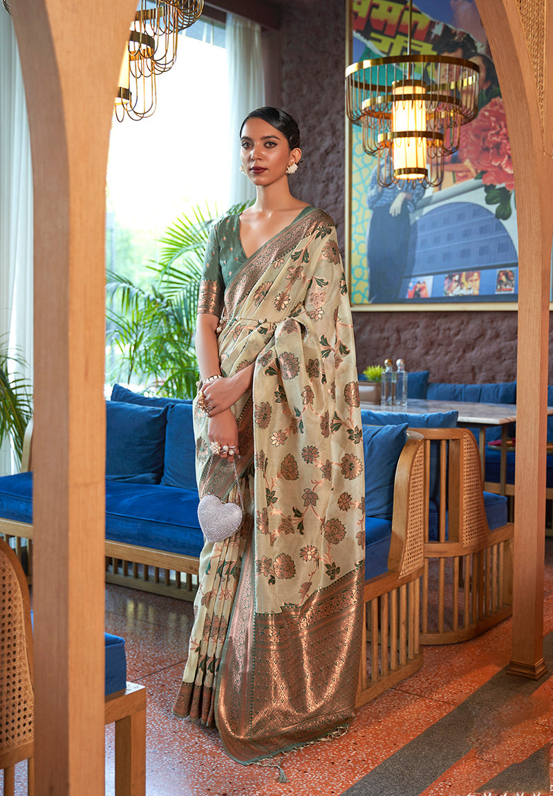 Monjolika Fashion Light Green Color Organza Weaving Print Saree - Distacart