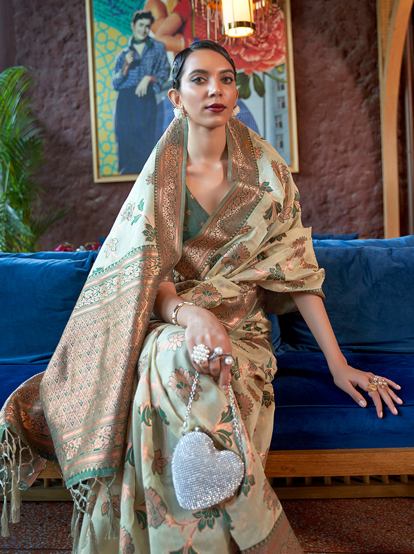 Monjolika Fashion Light Green Color Organza Weaving Print Saree - Distacart