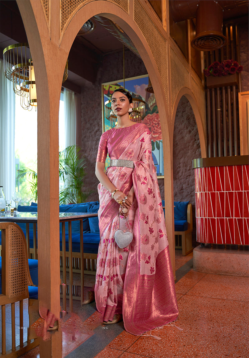 Monjolika Fashion Light Pink Color Organza Weaving Print Saree