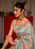 Monjolika Fashion Sky Blue Color Silk Printed Classic Saree