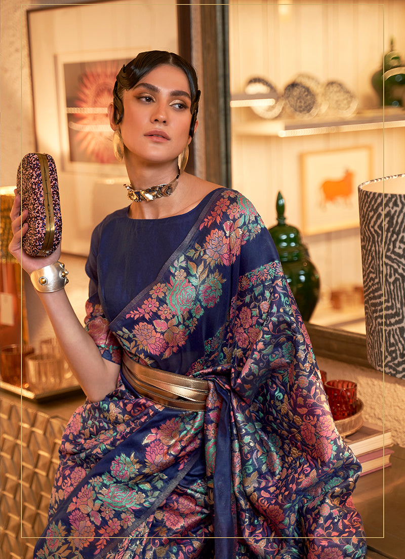 Monjolika Fashion Navy Blue Color Silk Printed Classic Saree - Distacart