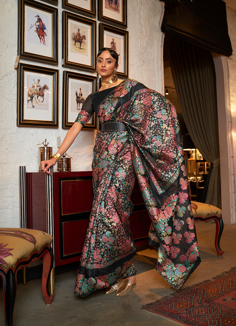 Monjolika Fashion Black Color Silk Printed Classic Saree - Distacart