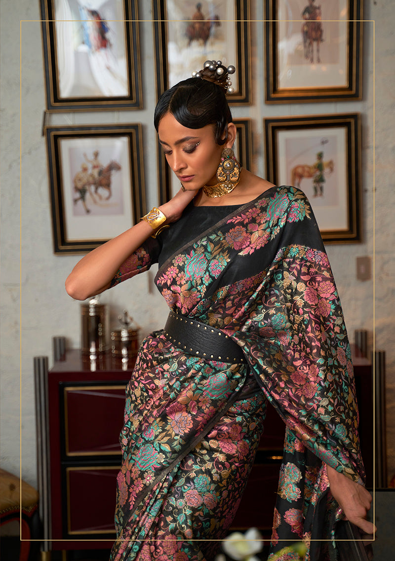 Monjolika Fashion Black Color Silk Printed Classic Saree - Distacart
