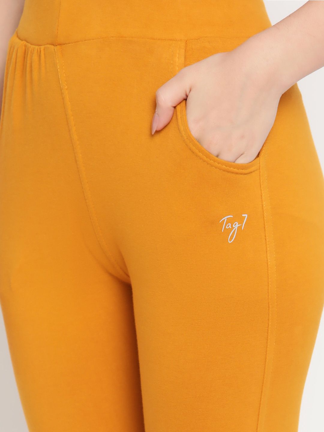 TAG 7 Women Pack of 2 Mustard Yellow & White Solid Leggings