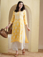 ADA Floral Lucknowi Chikankari Straight Kurta