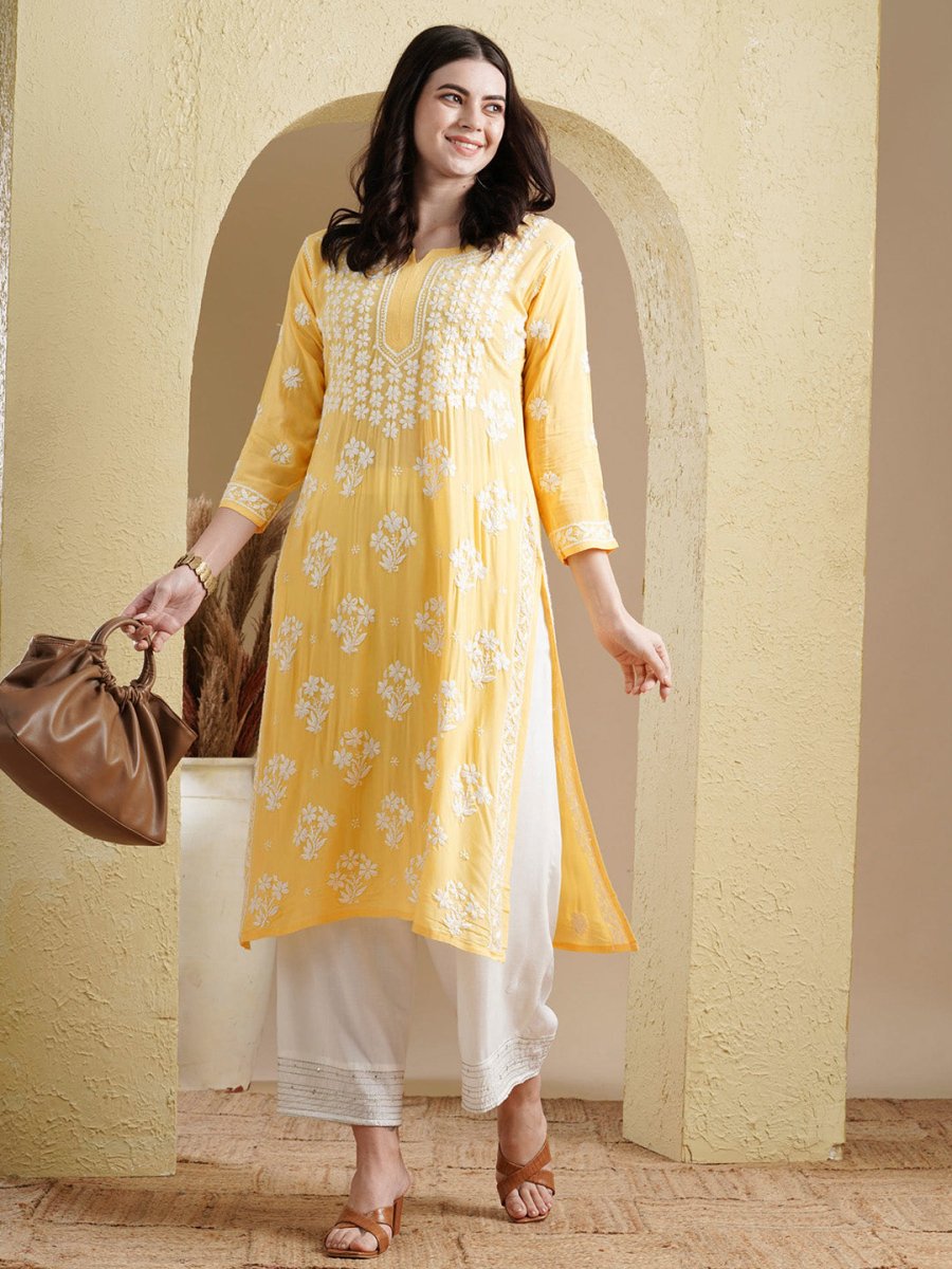 ADA Floral Lucknowi Chikankari Straight Kurta