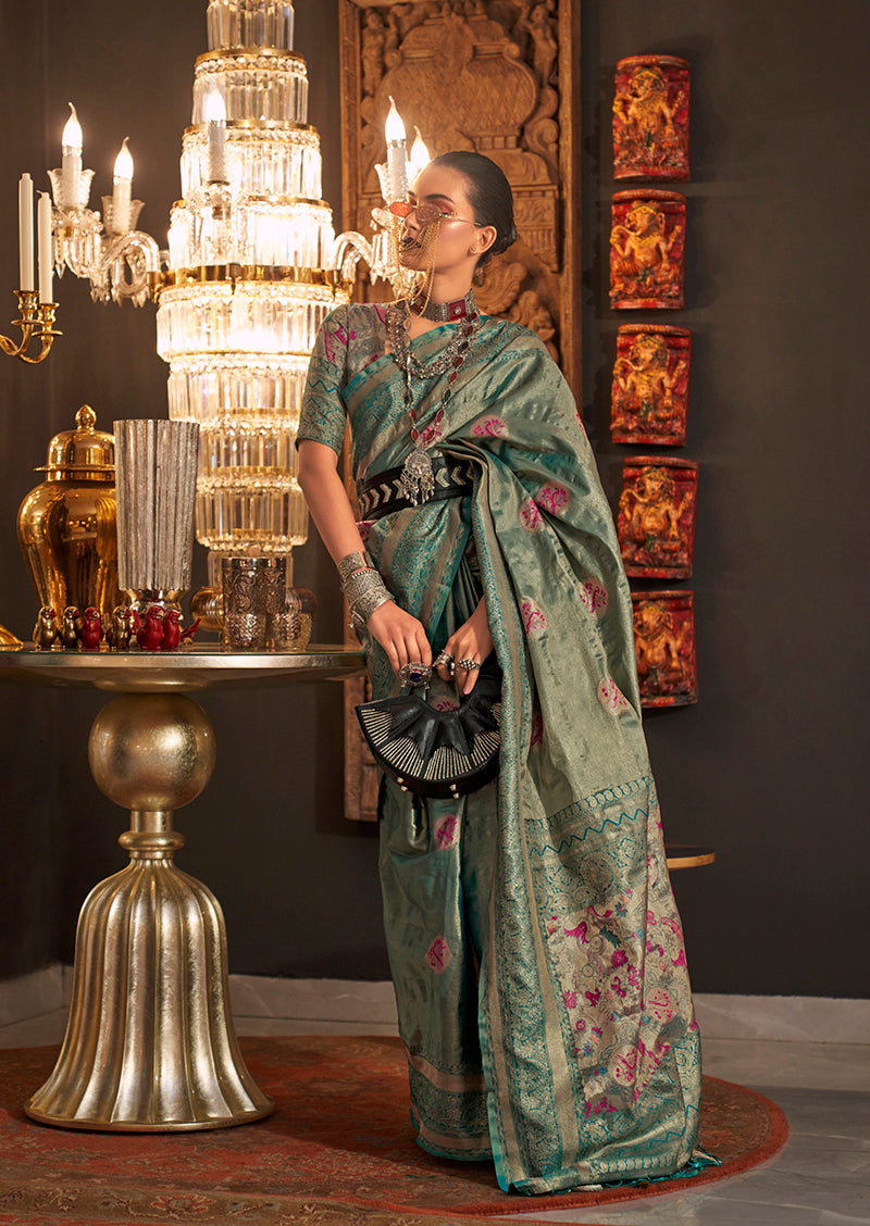 Monjolika Fashion Turquoise Color Silk Women'S Traditional Saree