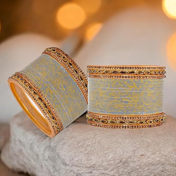 Tehzeeb Creations Bridal Bangle set Wedding Punjabi chuda Designer chura CZ Stone with Kundan Stone Grey Color choora - Distacart