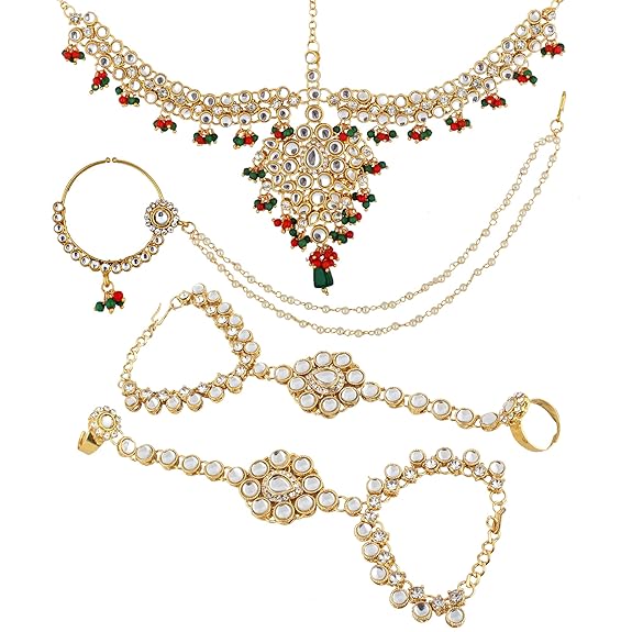Tehzeeb Creations Traditional Gold-Polished Designer Multi Color Dulhan Choker Kundan Bridal Set