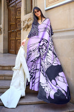 Monjolika Fashion Satin Lavender And Black Printed Trendy Saree