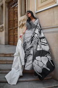 Monjolika Fashion Satin Grey And Black Printed Trendy Saree