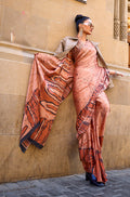 Monjolika Fashion Satin Orange Printed Trendy Saree