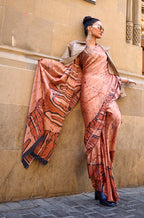 Monjolika Fashion Satin Orange Printed Trendy Saree