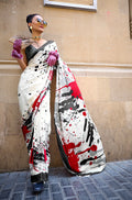 Monjolika Fashion Satin Multicolor Printed Trendy Saree