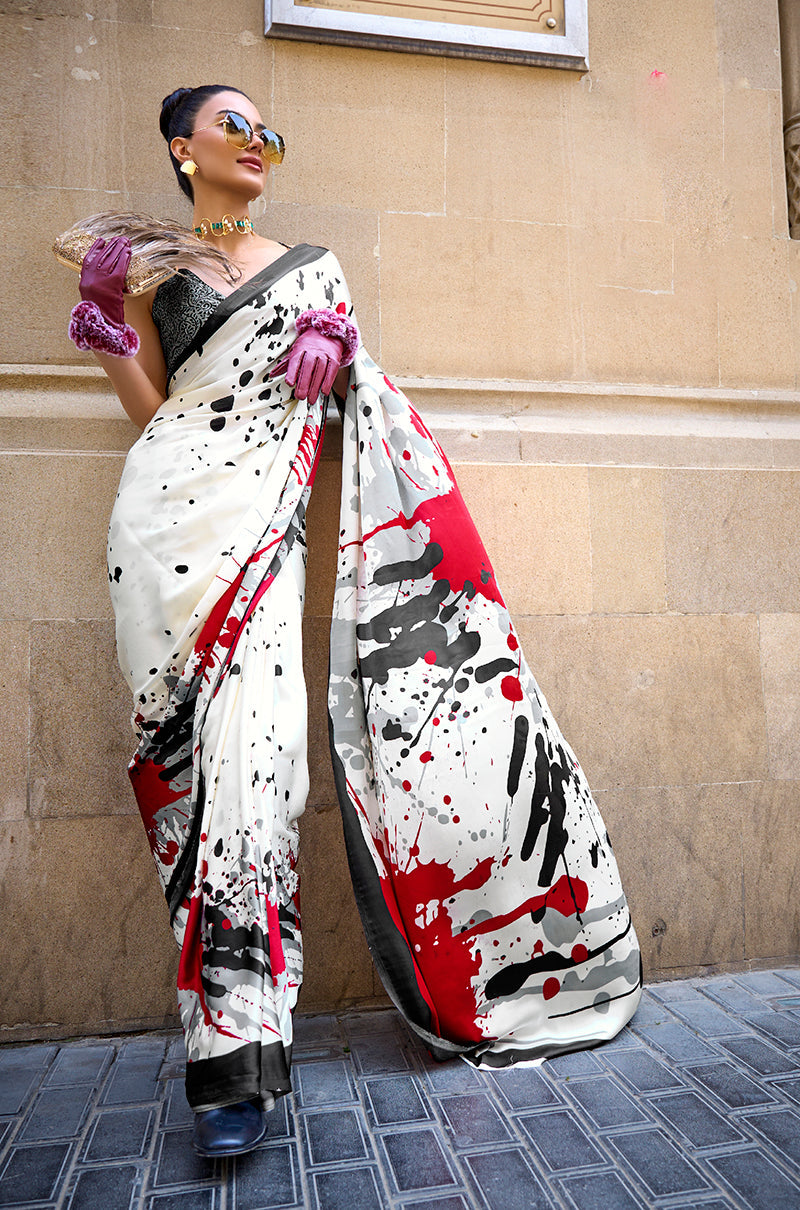 Monjolika Fashion Satin Multicolor Printed Trendy Saree