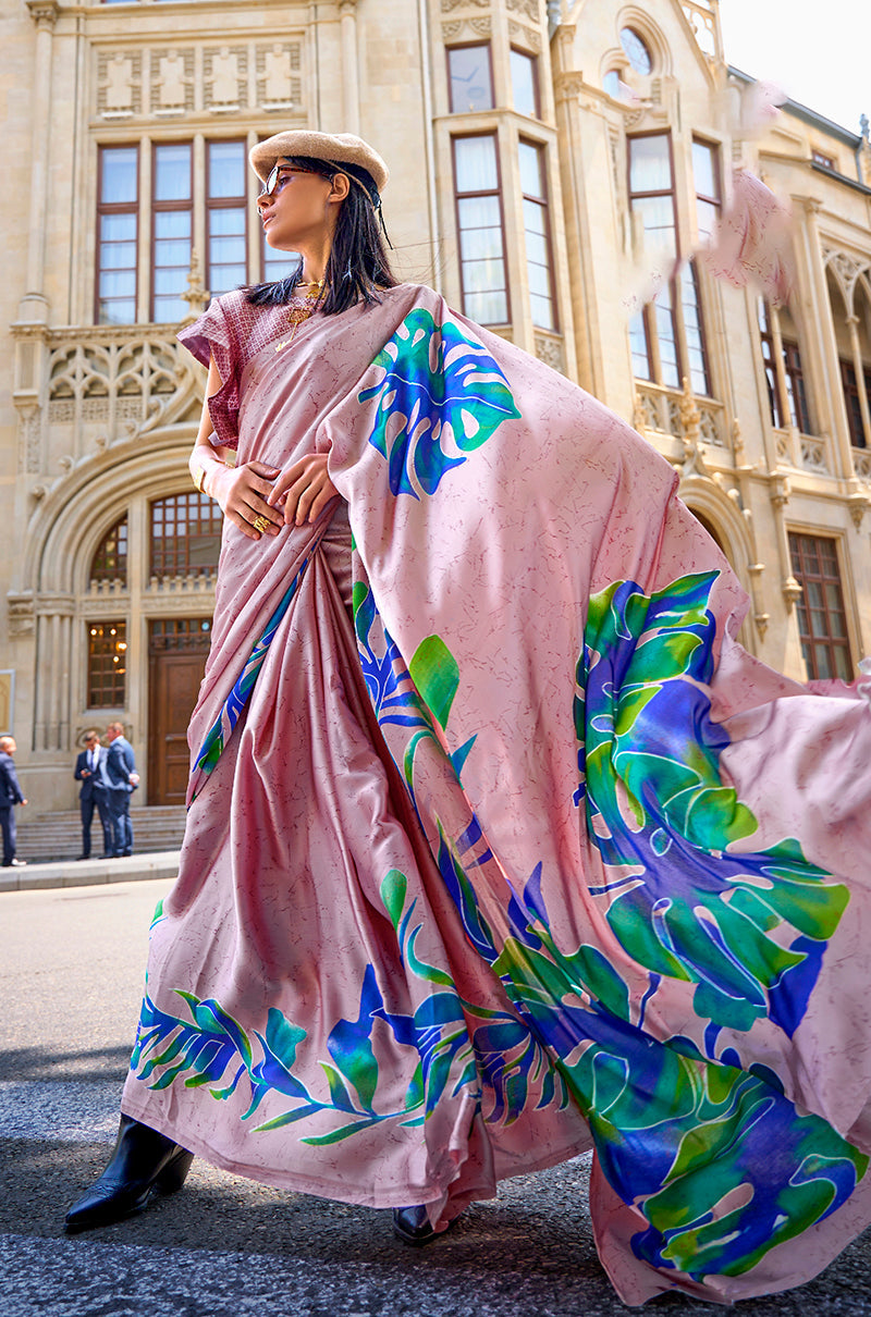 Monjolika Fashion Satin Light Pink Printed Trendy Saree - Distacart