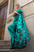 Monjolika Fashion Satin Teal Printed Trendy Saree - Distacart