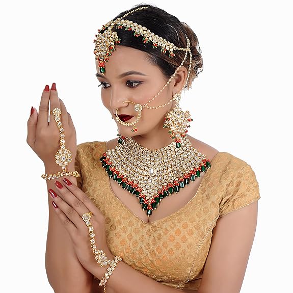 Tehzeeb Creations Traditional Gold-Polished Designer Multi Color Dulhan Choker Kundan Bridal Set