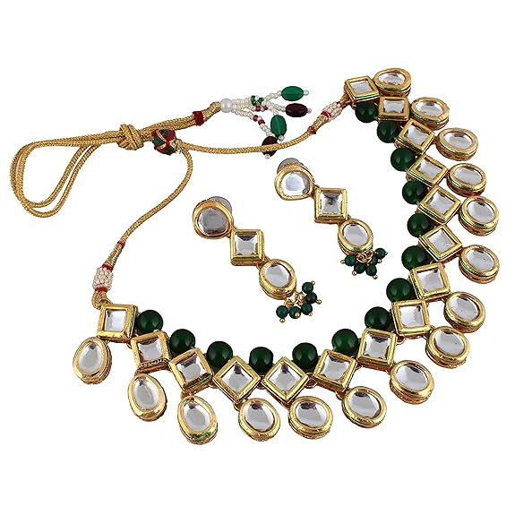 Tehzeeb Creations Back Meenakari Gold-Polished Green Color Earring Jewellery Set Uncut Kundan Big Faux Kundan Dibbi Kundan Choker Necklace Set