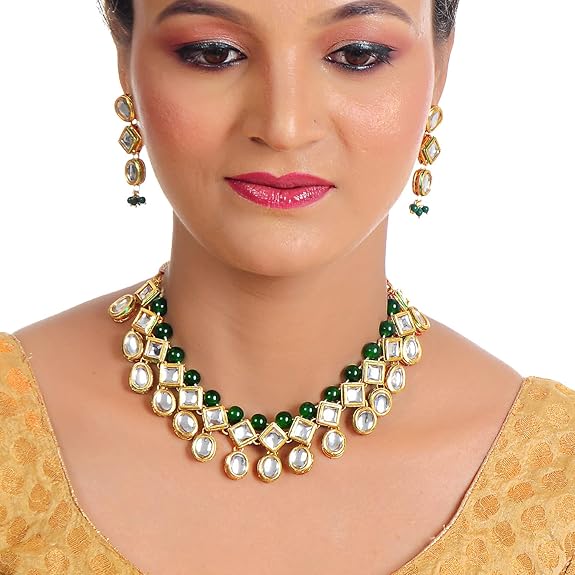 Tehzeeb Creations Back Meenakari Gold-Polished Green Color Earring Jewellery Set Uncut Kundan Big Faux Kundan Dibbi Kundan Choker Necklace Set