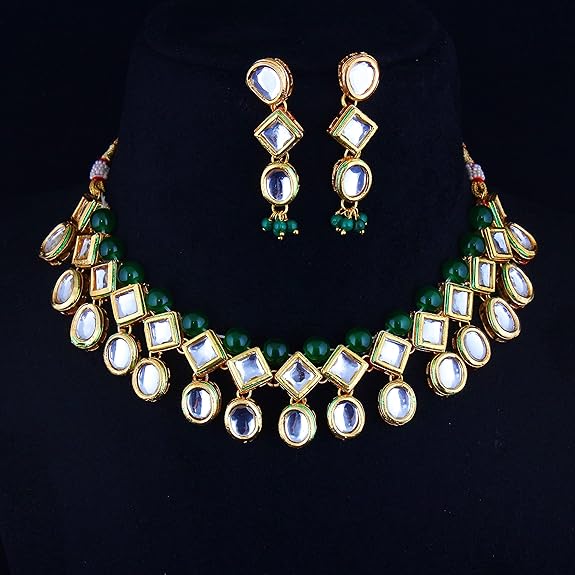 Tehzeeb Creations Back Meenakari Gold-Polished Green Color Earring Jewellery Set Uncut Kundan Big Faux Kundan Dibbi Kundan Choker Necklace Set