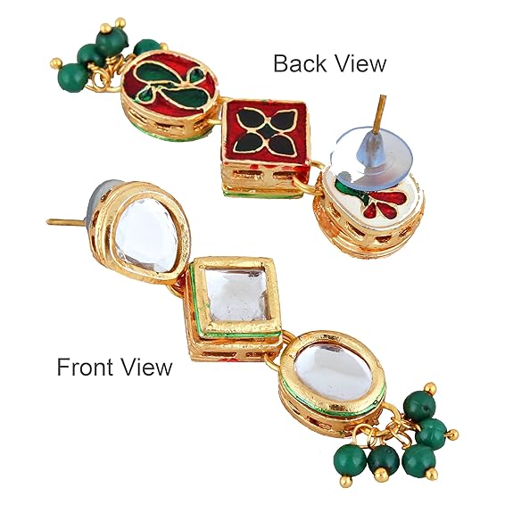Tehzeeb Creations Back Meenakari Gold-Polished Green Color Earring Jewellery Set Uncut Kundan Big Faux Kundan Dibbi Kundan Choker Necklace Set