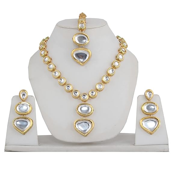Tehzeeb Creations Back Meenakari Gold-Polished White Color Tika Earring Jewellery Set Uncut Kundan Big Faux Kundan Dibbi Kundan Choker Necklace Set